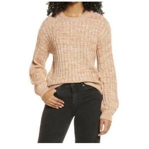 Blank NYC Heather Ribbed Crew Neck Sweater Toffee Brown Cream Size M